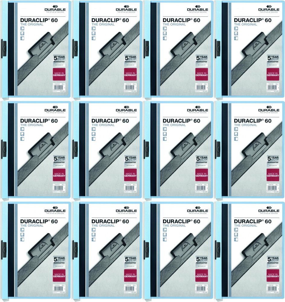 12x Skoroszyt plastikowy z klipsem Durable DuraClip, A4, do 60 kartek niebieski