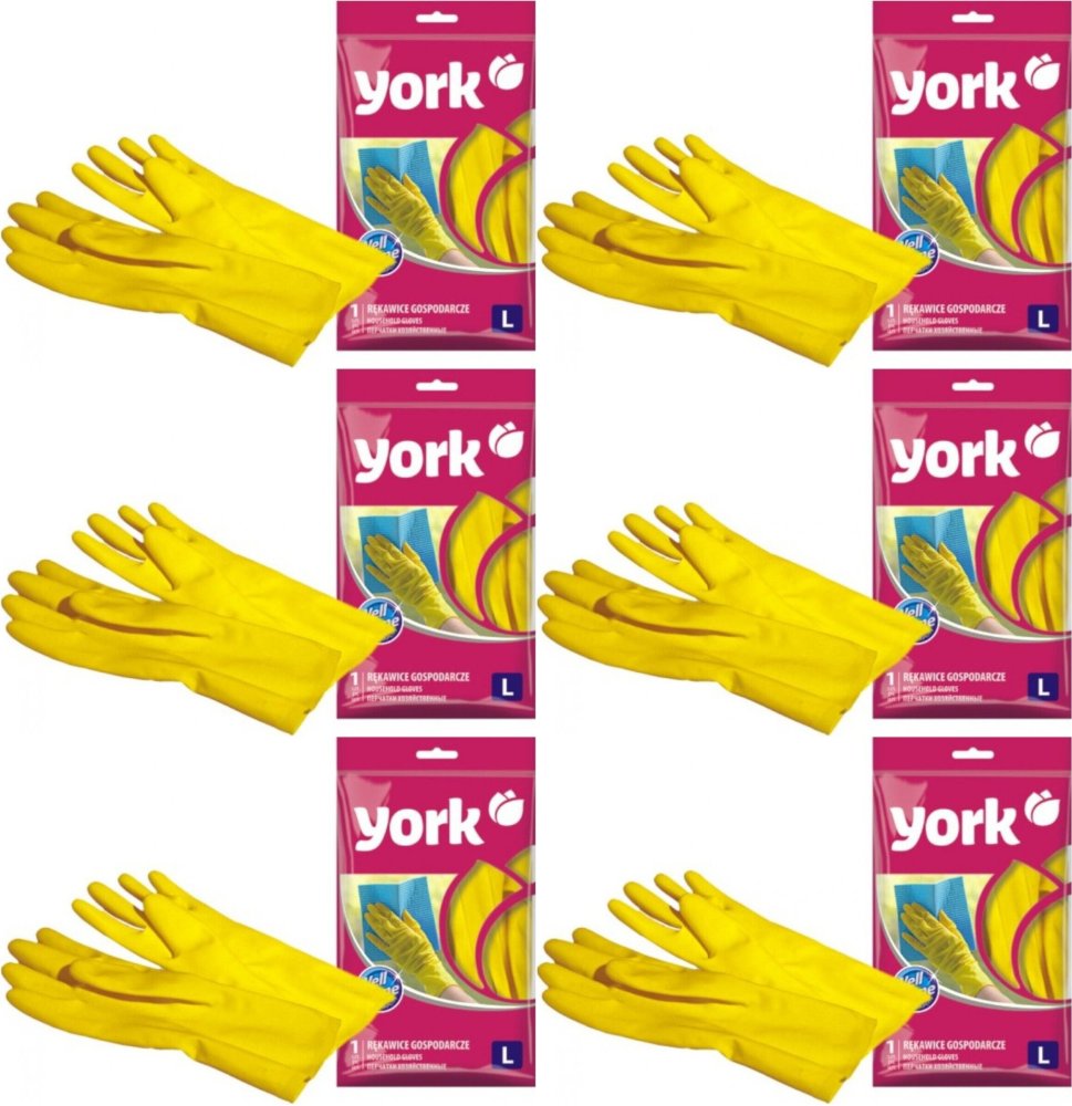 6x Rękawiczki lateksowe domowe York, rozmiar L, 1 para, żółty