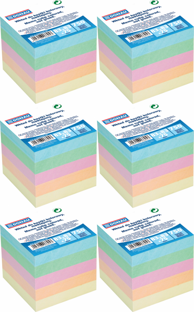 6x Karteczki do notatek Donau, nieklejone, 83x83x75mm, 750 kartek, mix kolorów