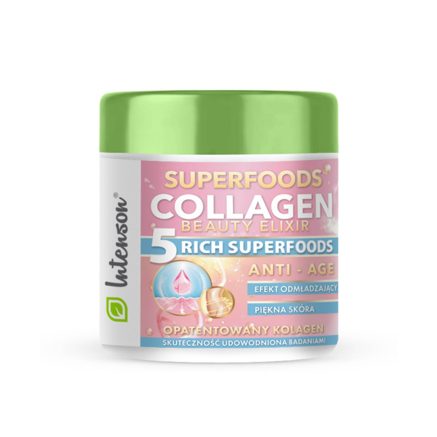 Intenson - collagen beauty elixir, superfoods w proszku do pica, wspomaga produkcję kolagenu, 165 g