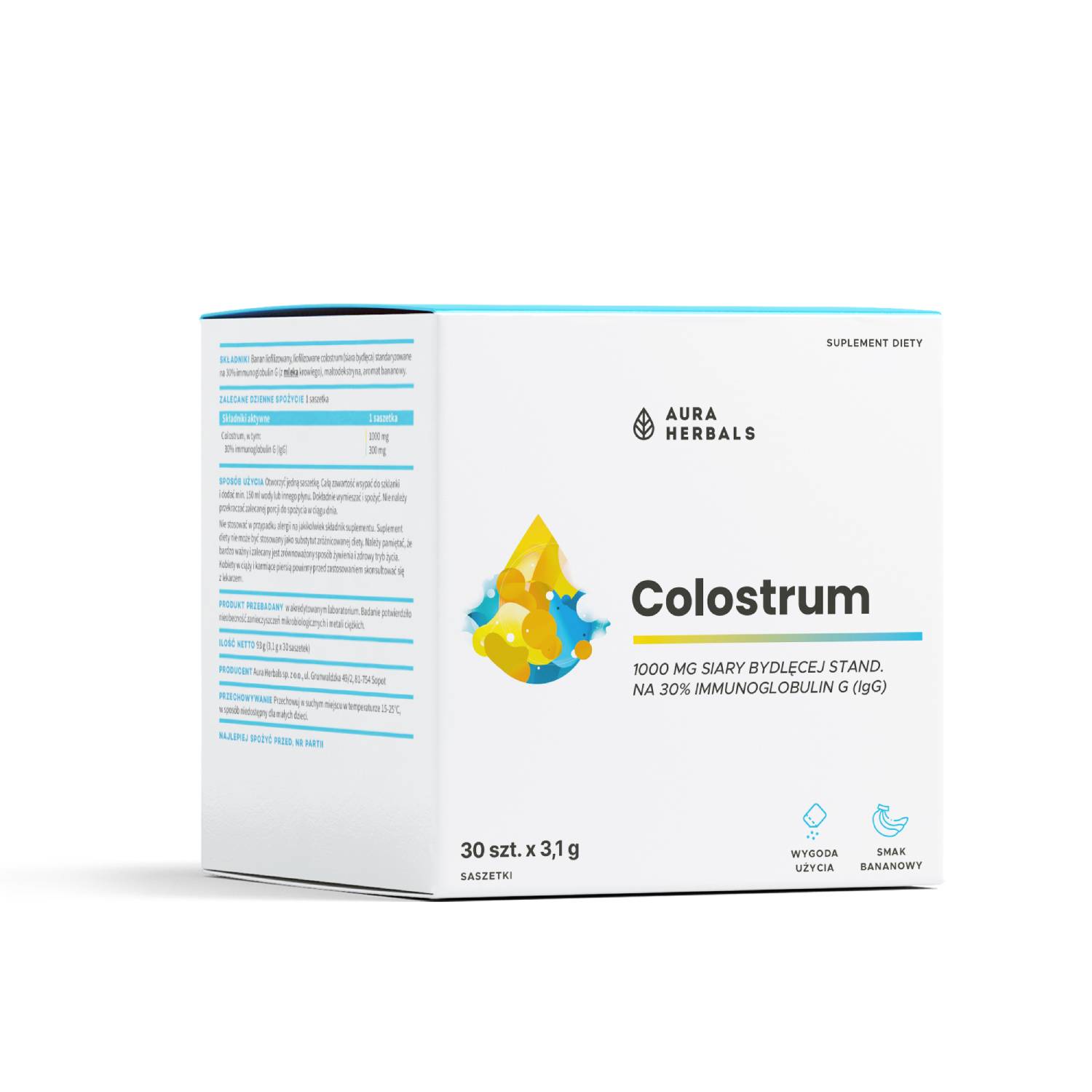 Aura herbals colostrum 1000 mg, smak bananowy, 30 saszetek