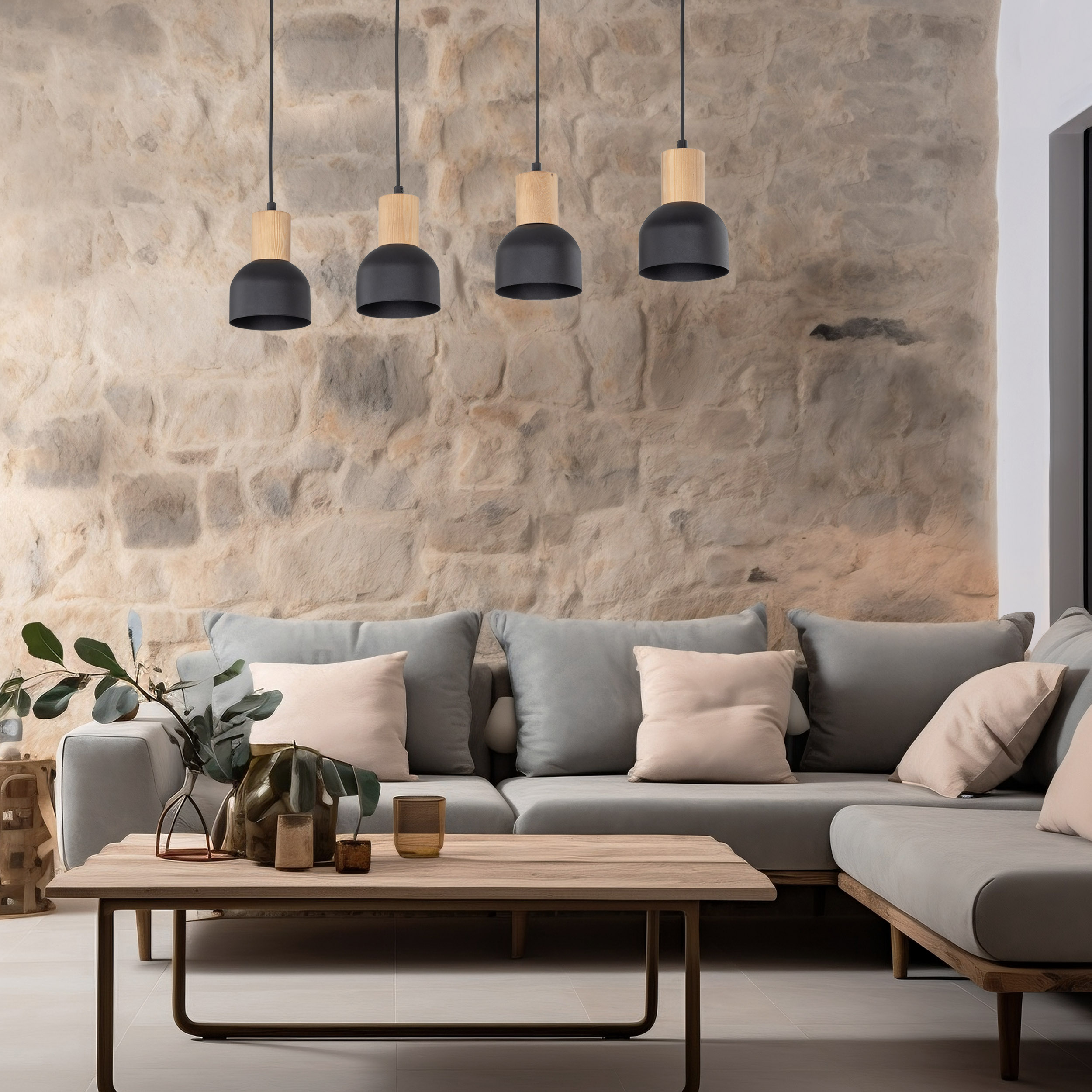 TK Lighting Cairo lampa wisząca 4x15W czarny/drewno 4896