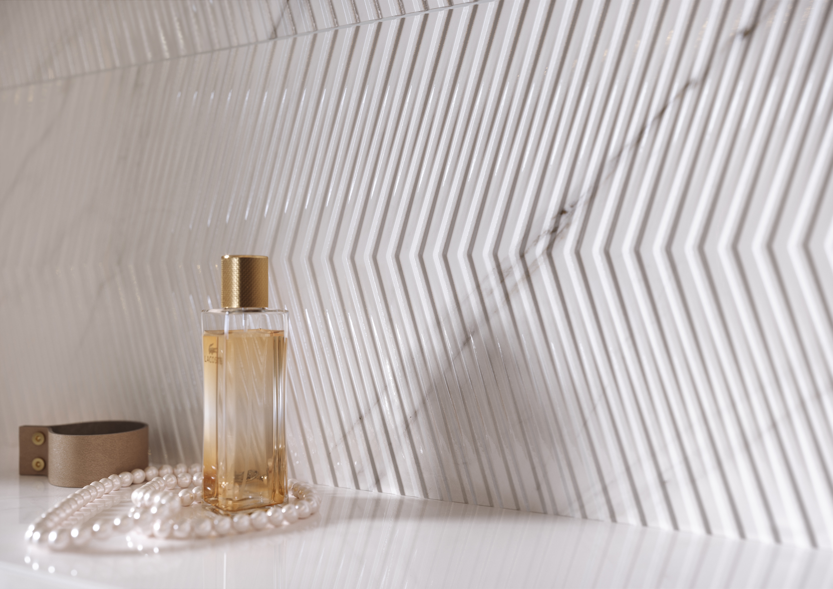 Opoczno Carrara Chic white chevron structure glossy płytka ścienna 29x89 cm STR biały połysk