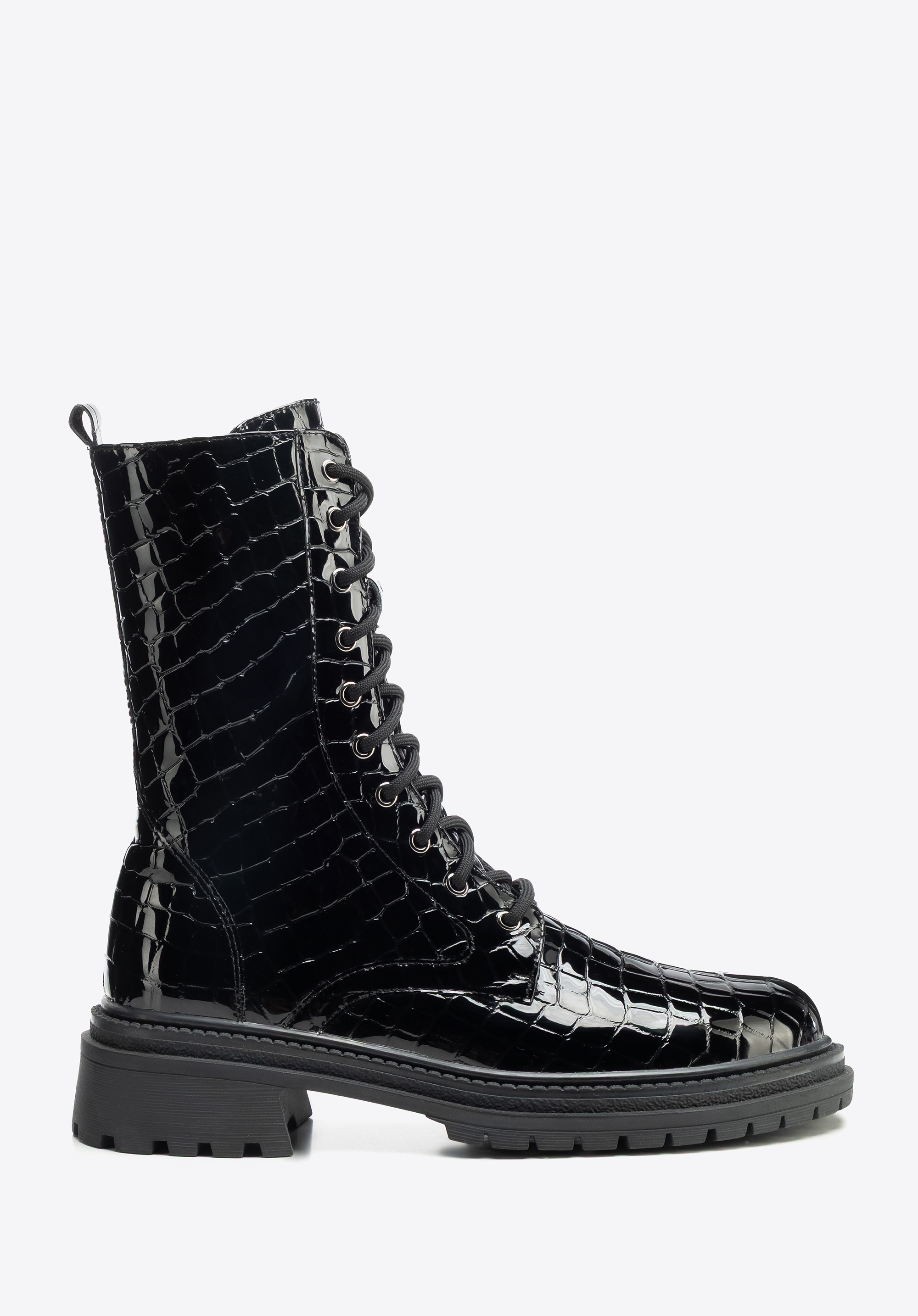 Damskie glany z lakierowanej skóry croco czarne