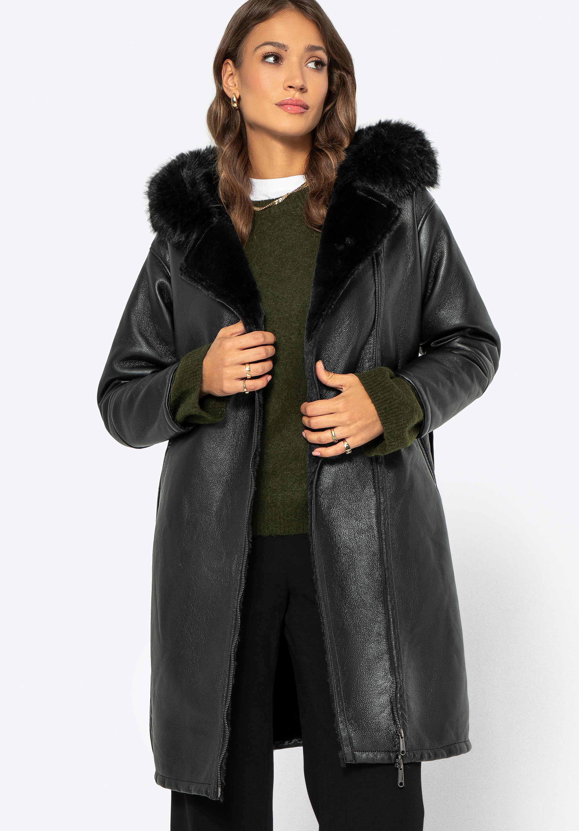 Damski płaszcz ze skóry ekologicznej z paskiem czarny