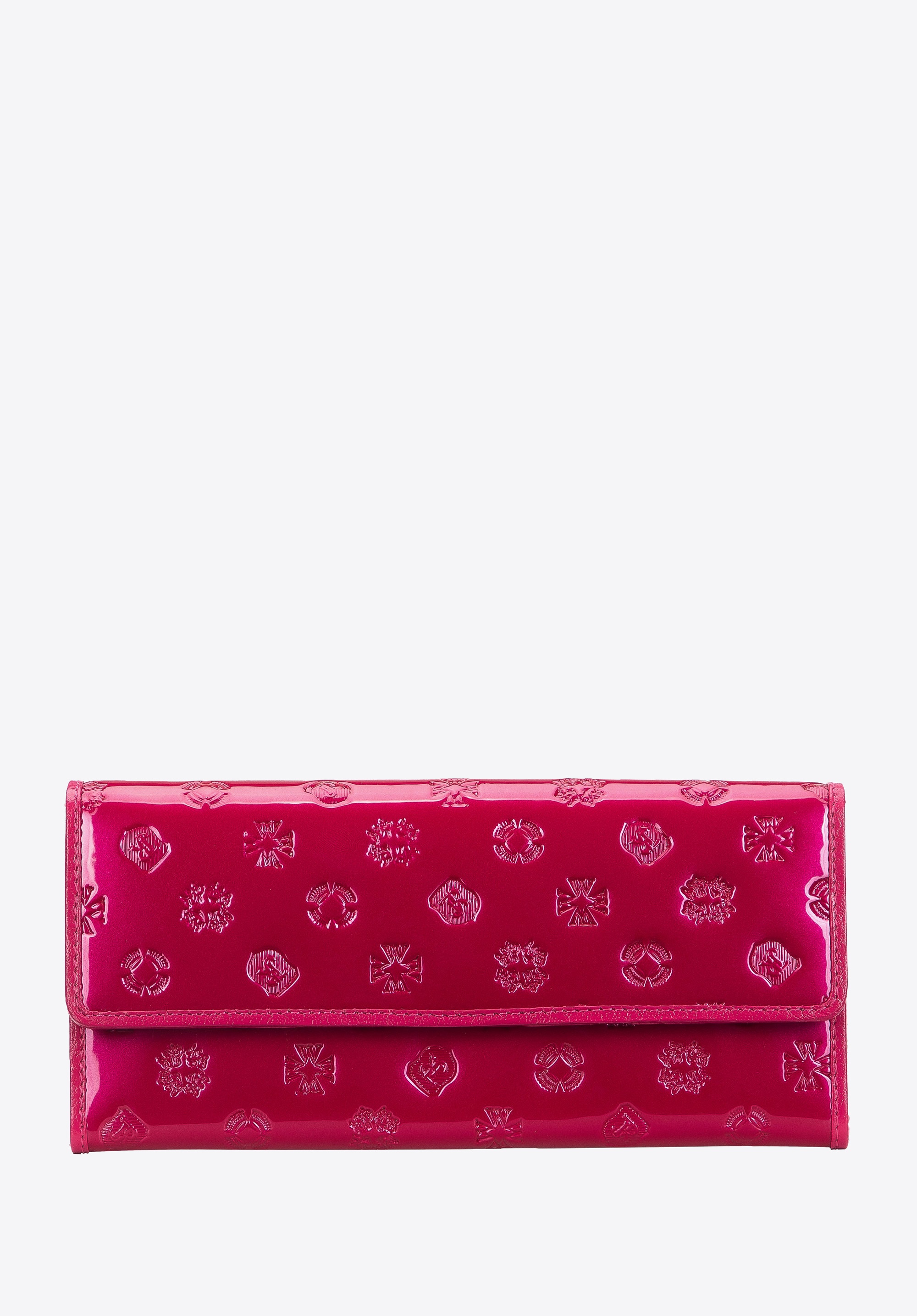 Damski portfel z lakierowanej skóry z monogramem różowy