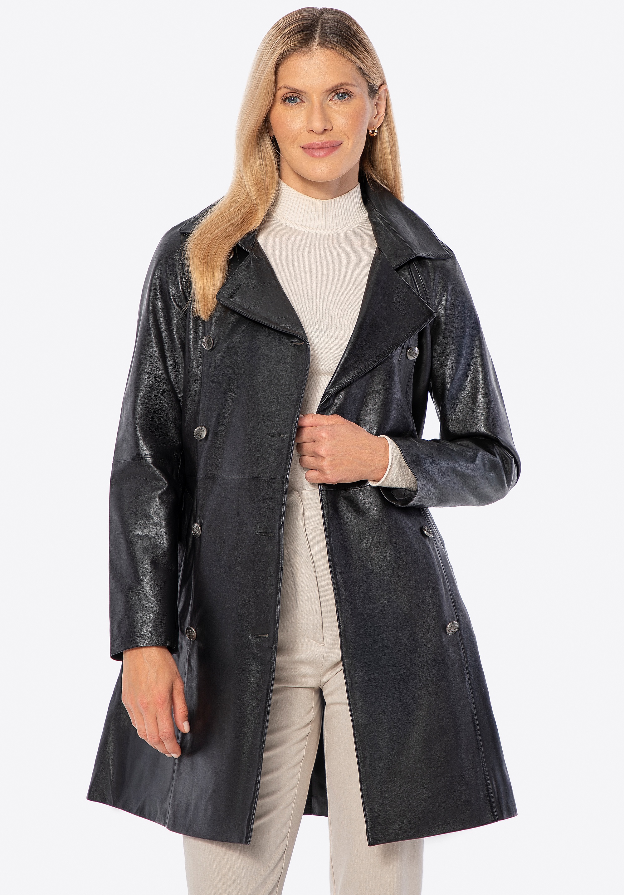 Krótki płaszcz ze skóry naturalnej owczej dwurzędowy czarny