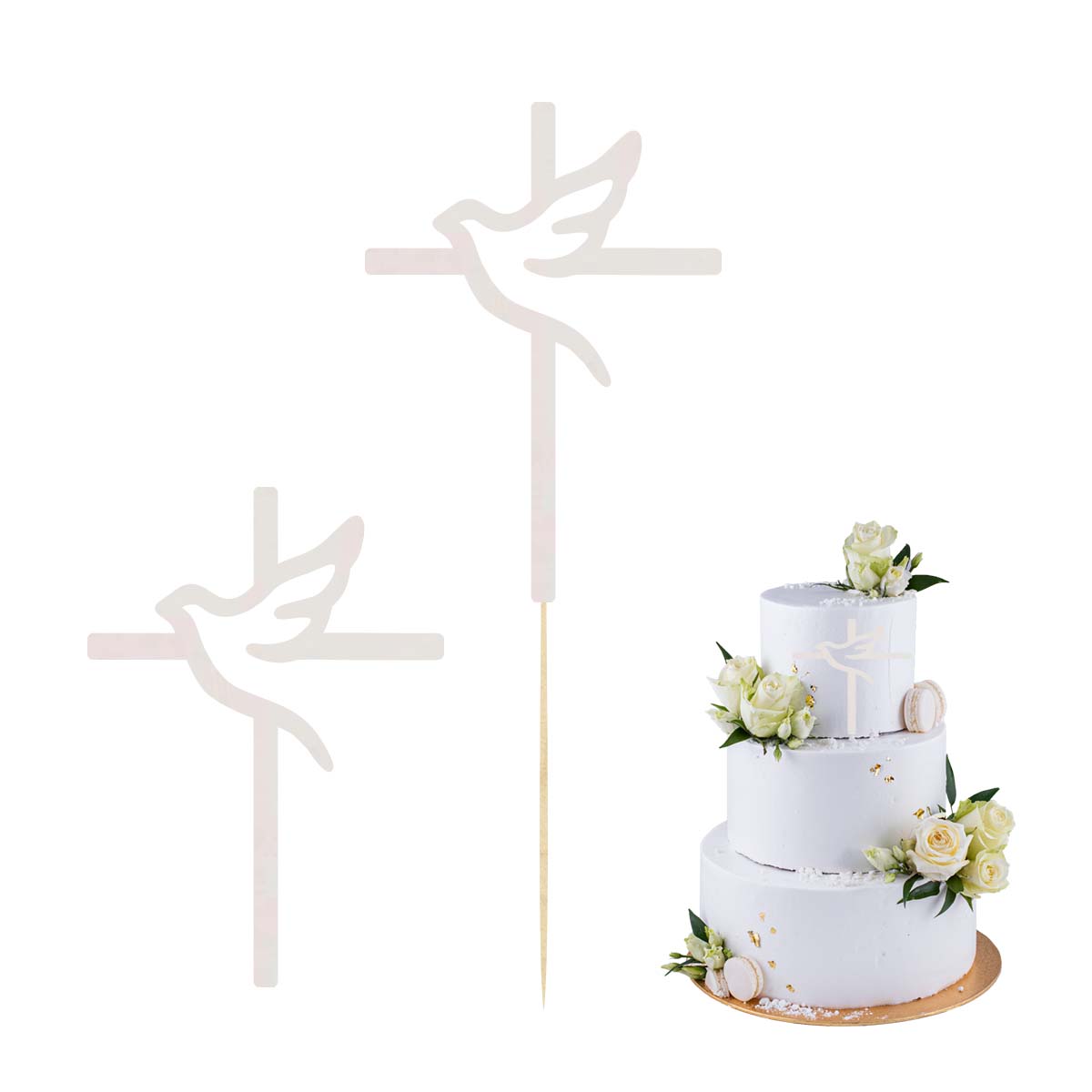 Topper na bok tortu gołąb i krzyż biały, dekoracja na Komunię Świętą pik scrapki