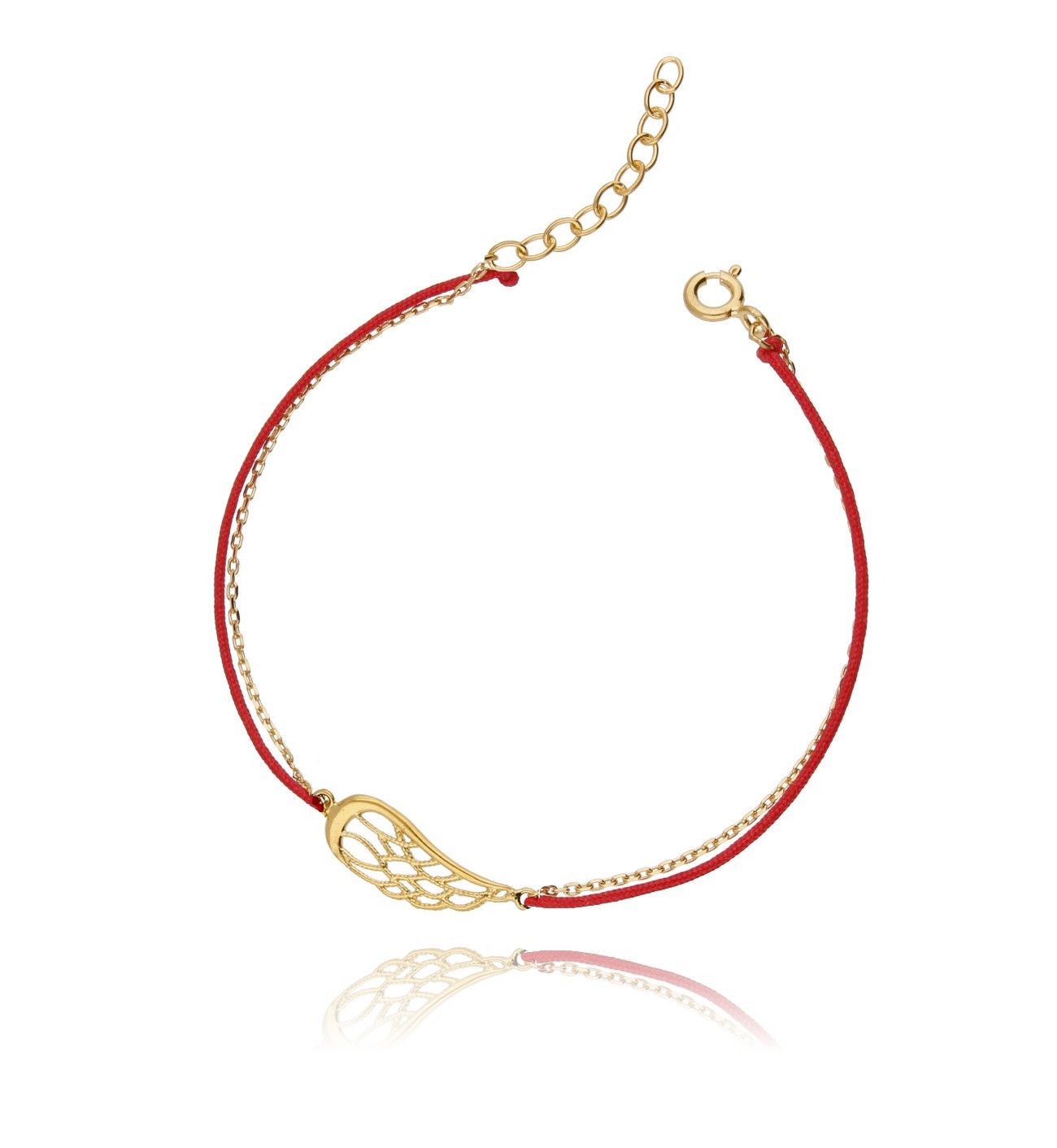 Bransoletka srebrna pozłacana na czerwonym sznurku - skrzydło BSE0046