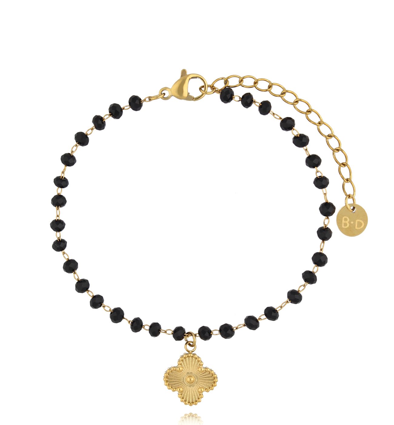 Bransoletka czarna ze złotą koniczynką BSY0277 - By Dziubeka