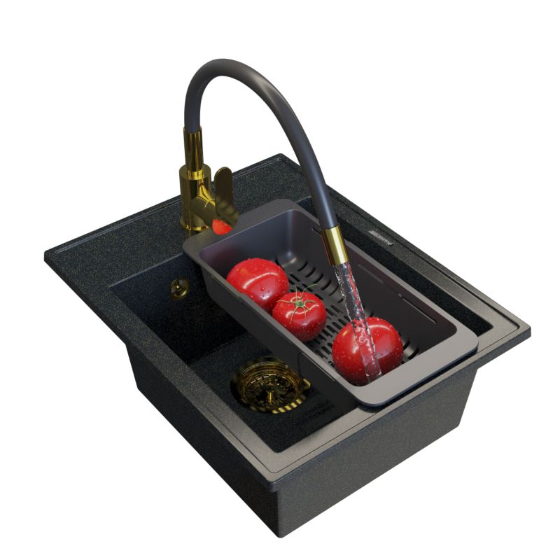 Zlewozmywak Granitowy Jednokomorowy Granitan Nero Zestaw Gold Bateria Syfon Ociekacz 1 kpt.