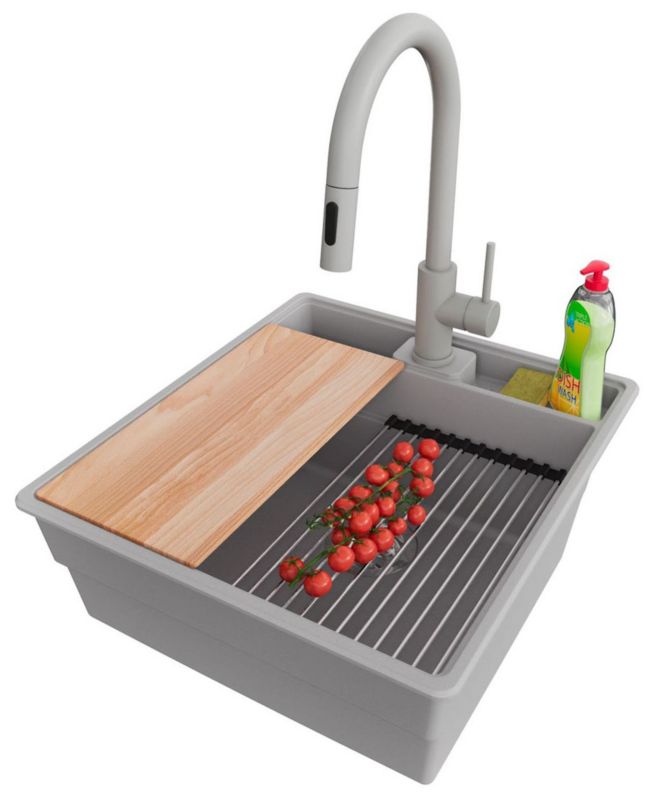 Zlewozmywak Granitowy Nowy Jork PRIMAGRAN Nablatowy 48x53cm do szafki od 50cm, Szary + Bateria + Syfon + Akcesoria, , 1 szt.