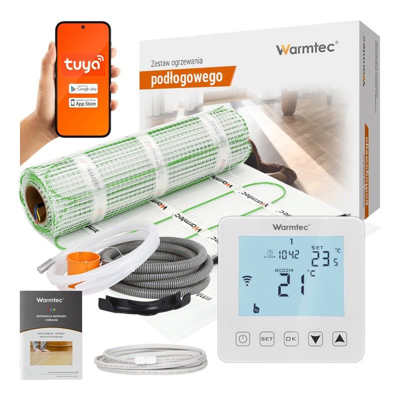 Mata grzewcza grzejna pod płytki Warmtec 10m² 100W/m² Wi-Fi zestaw biały regulator DSE-100/PRT-01 1szt.