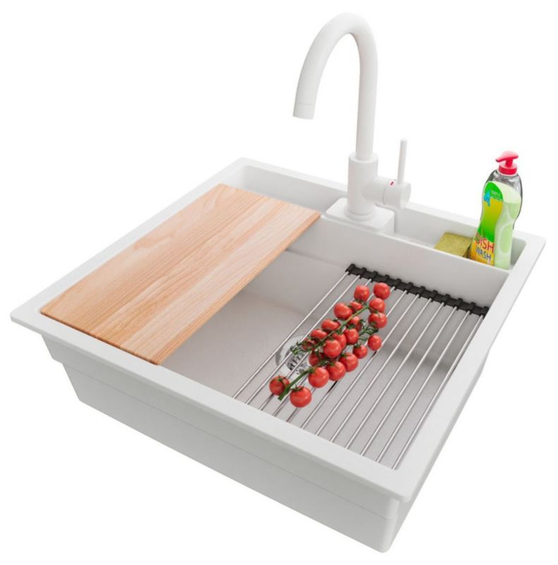 Zlewozmywak Granitowy Bergen Pocket PRIMAGRAN Nablatowy 56x54cm do szafki od 60cm, Biały + Bateria + Syfon + Akcesoria, , 1 szt.