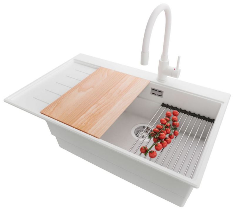 Zlewozmywak Granitowy Sydney PRIMAGRAN Nablatowy 78x50cm do szafki od 60cm, Biały + Bateria 38x14cm + Syfon + Akcesoria, , 1 szt.