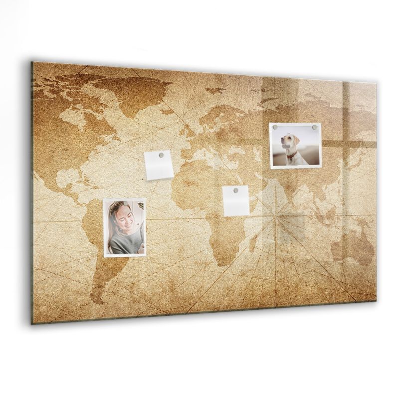Szklana tablica magnetyczna Wallfluent 90x60 cm Mapa świata vintage Czarny marker 1 szt.