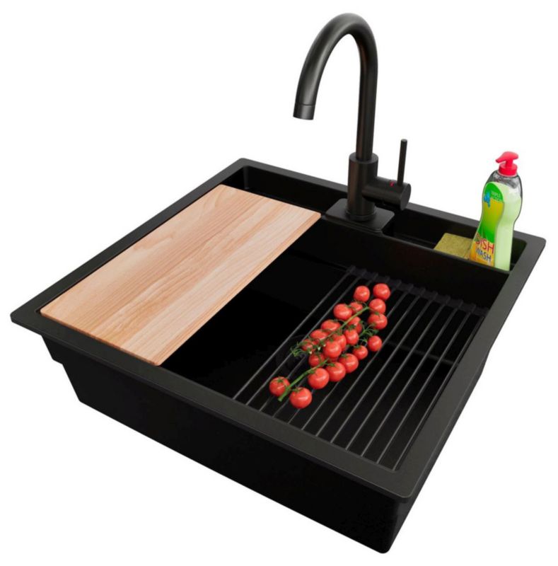 Zlewozmywak Granitowy Bergen Pocket PRIMAGRAN Nablatowy 56x54cm, Cały Czarny + Bateria + Syfon + Akcesorium, , 1 szt.