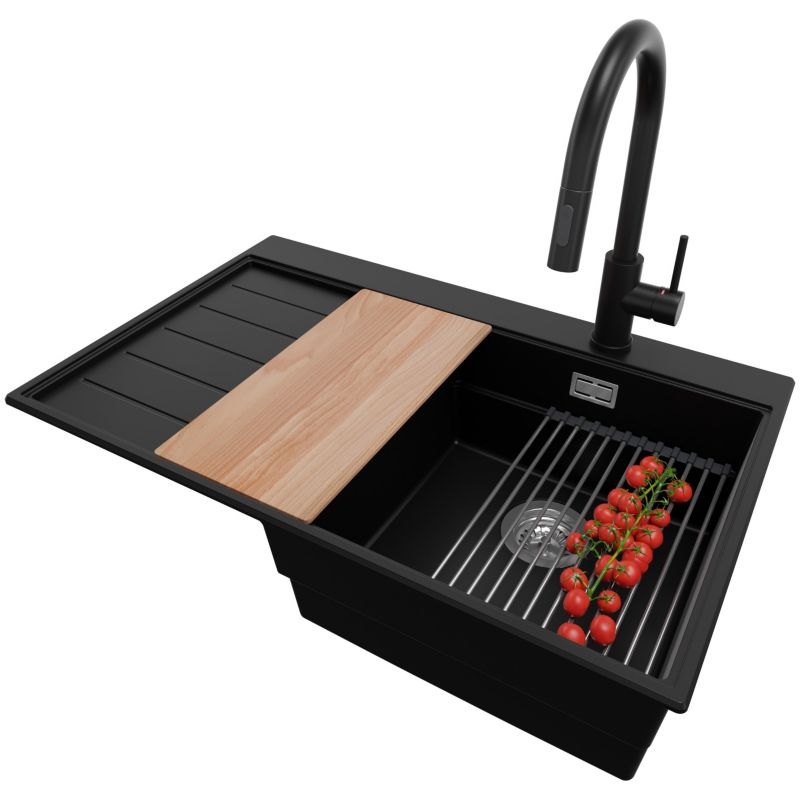 Zlewozmywak Granitowy Sydney PRIMAGRAN Nablatowy 78x50cm do szafki od 45cm, Czarny + Bateria + Syfon + Akcesoria, S227, 1 szt.