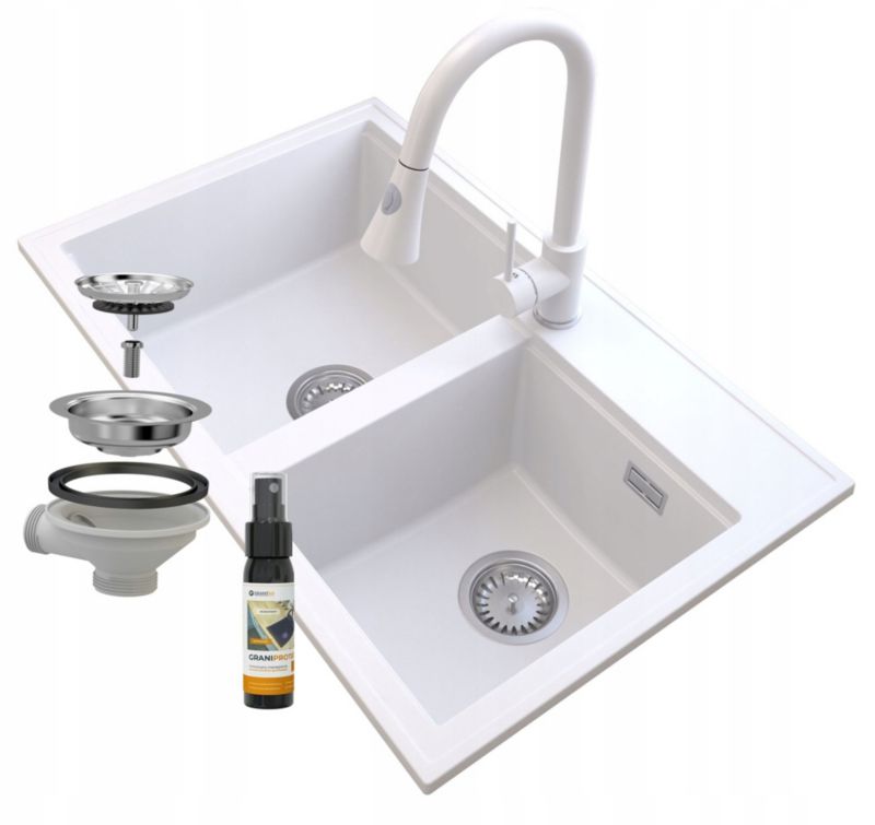 Zlewozmywak Granitowy Granitan Hektor Dwykomorowy z Syfonem i Baterią Snake Biały 1kpl.