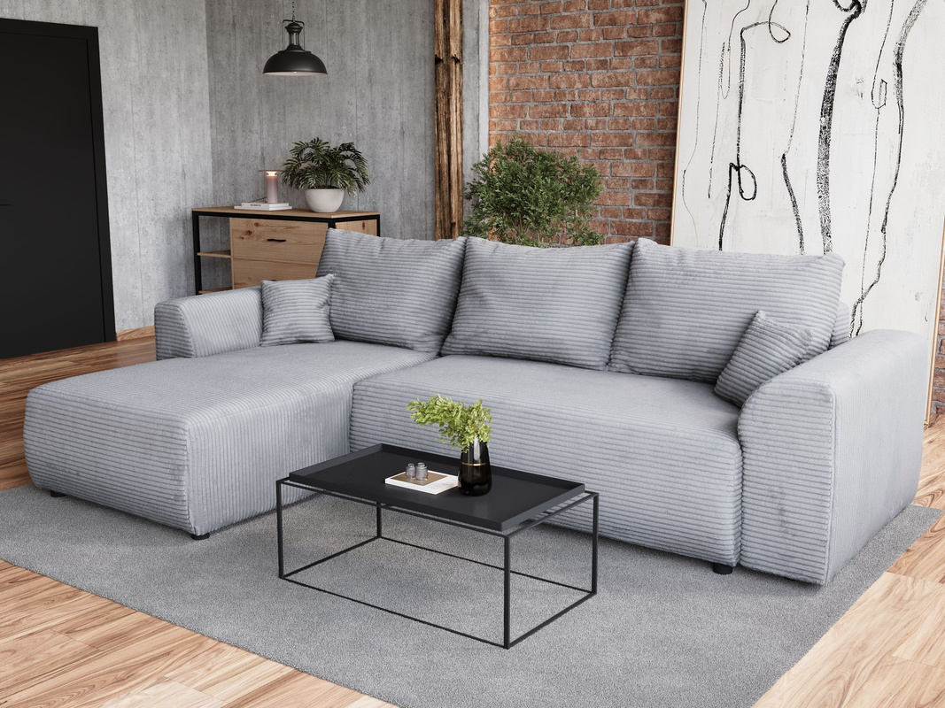 Rozkładana kanapa narożna z funkcją spania szara sztruksowa ROMEO