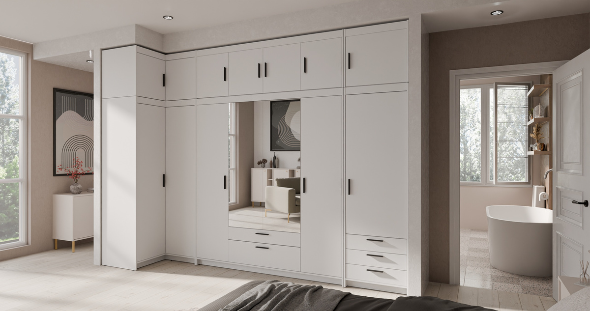 Zestaw białych mebli modułowych z nadstawkami do sypialni KUBA