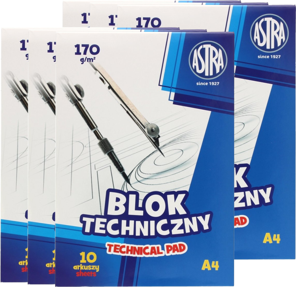 6x Blok techniczny Astra, A4, 10 kartek, biały