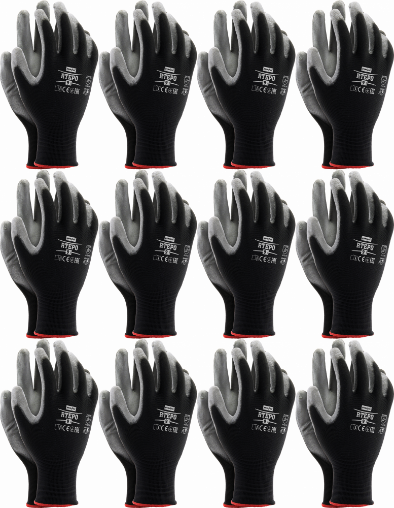12x Rękawice robocze Reis Rtepo BS, powlekane, rozmiar 8, czarno-szary
