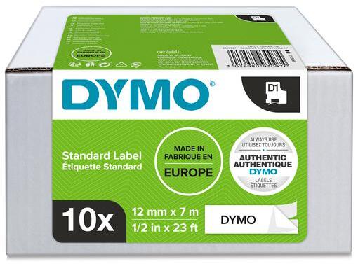 Taśma Dymo D1, 12mmx7m, nadruk czarny, taśma biała, 10 sztuk