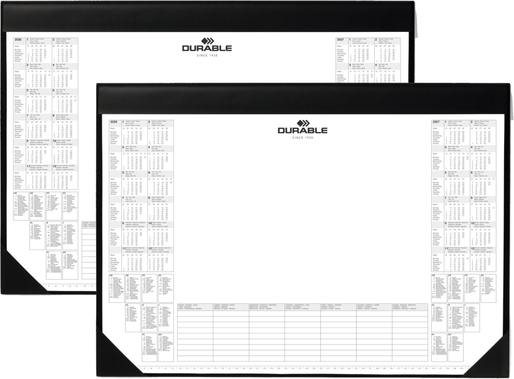 2x Podkład na biurko Durable, z kalendarzem 2026/2027 i notatnikiem, 59x42cm, z listwą, czarny