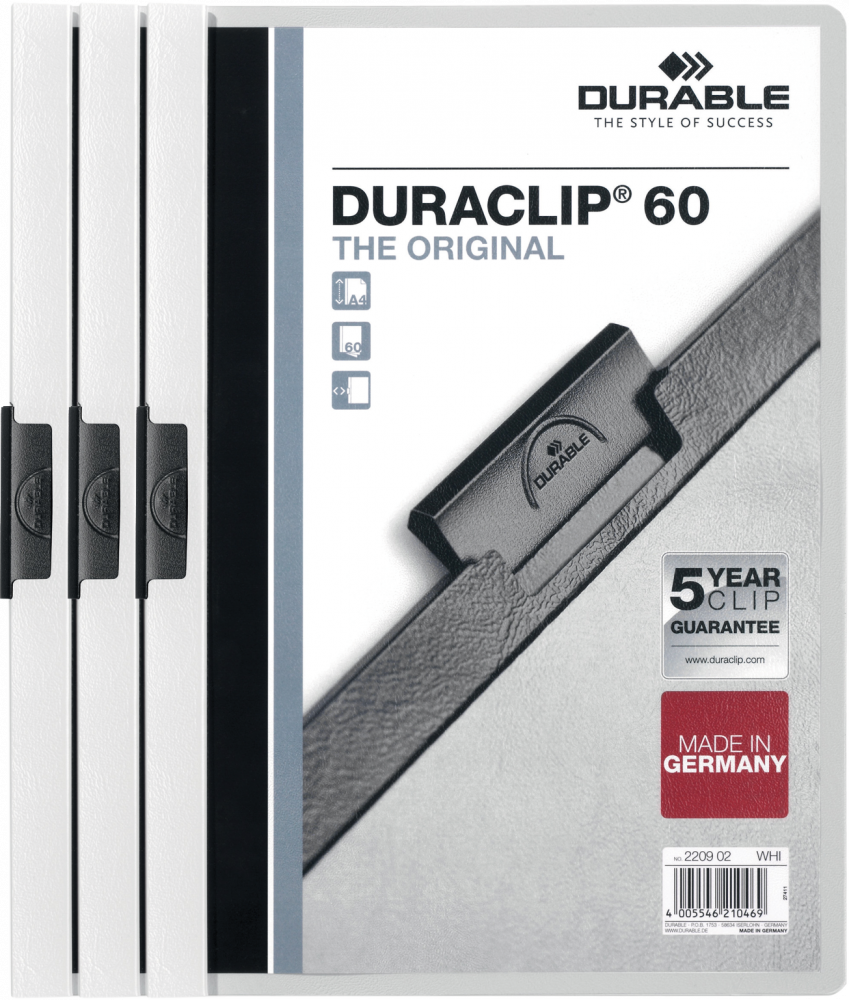 3x skoroszyt plastikowy z klipsem Durable DuraClip, A4, do 60 kartek, biały