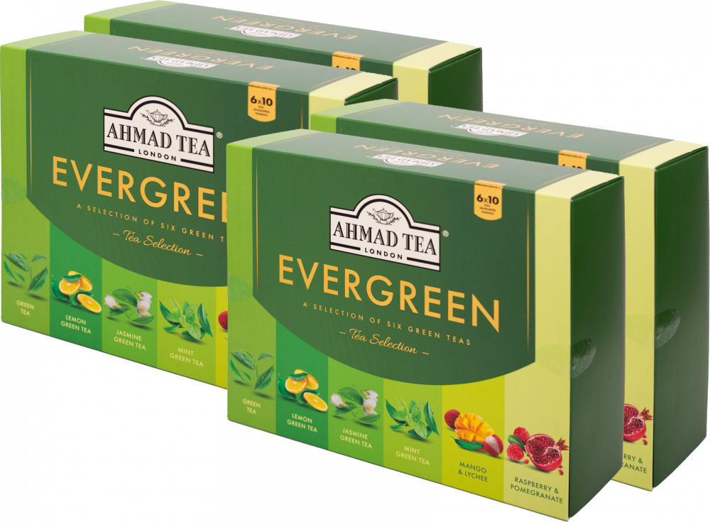 4x Zestaw herbat zielonych w kopertach Ahmad Tea Evergreen, 6 smaków, 60 sztuk x 2g