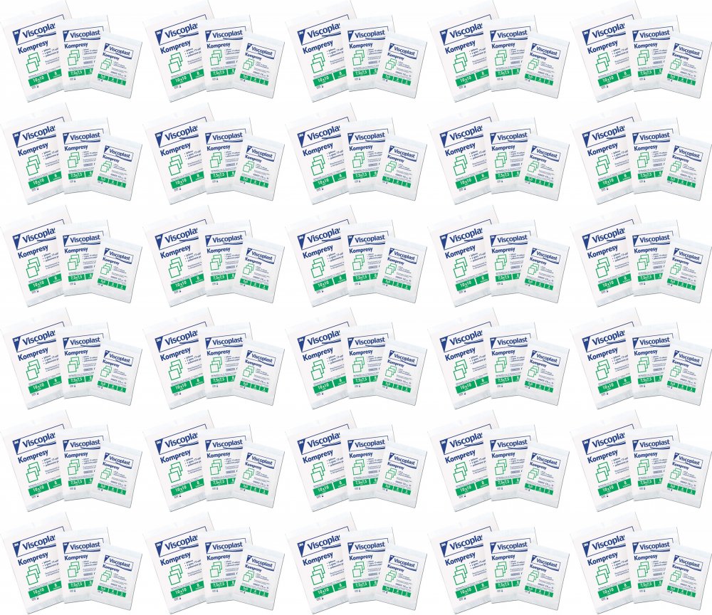 80x Jałowe kompresy gazowe Viscoplast, bawełniane, 17-nitkowe, 8 warstw, 5x5cm, 3 sztuki