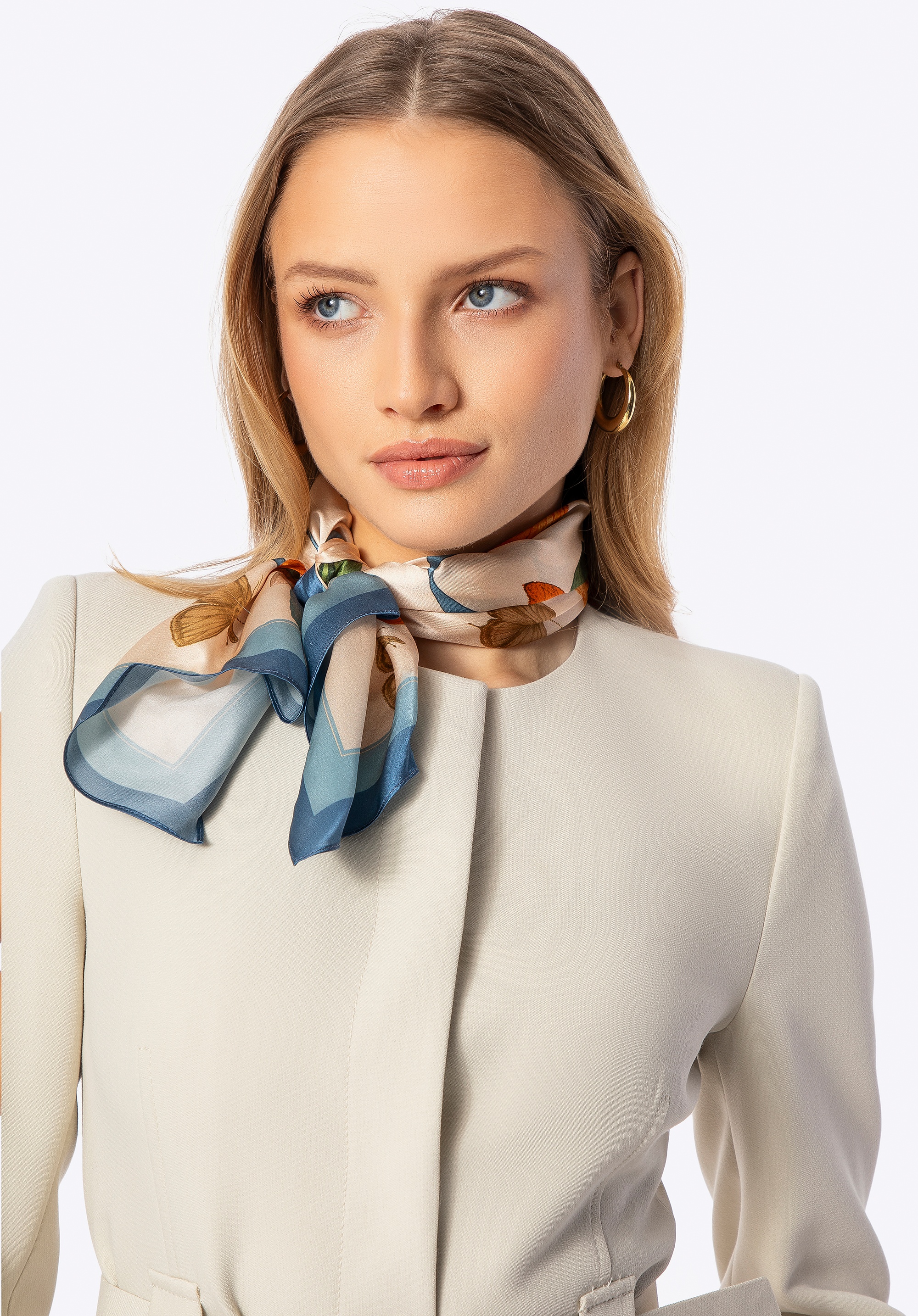 Damska apaszka jedwabna we wzory niebiesko - pomarańczowa