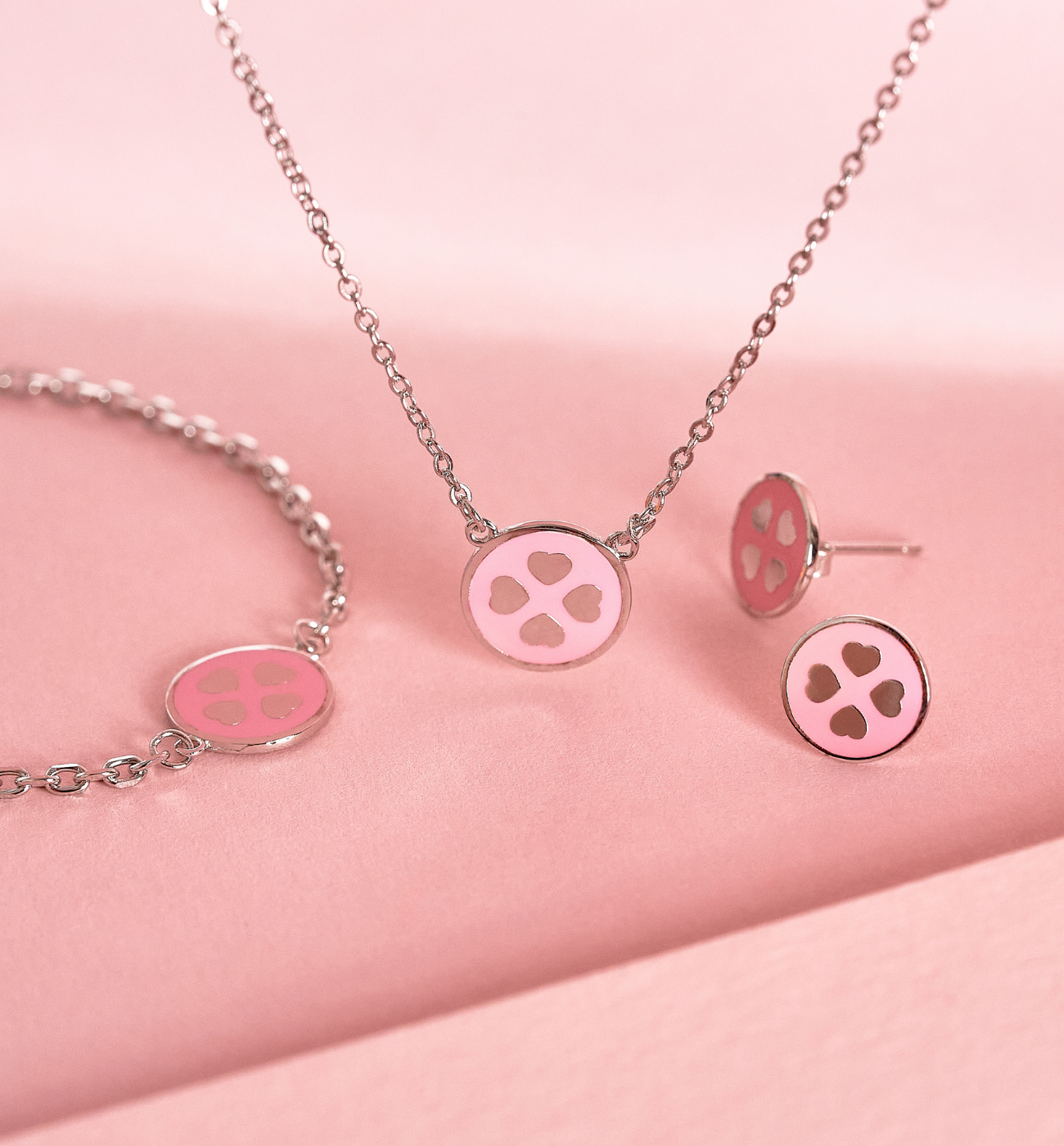 Zestaw srebrny z koniczynkami i różową emalią Candyland ZCA0015 - By Dziubeka