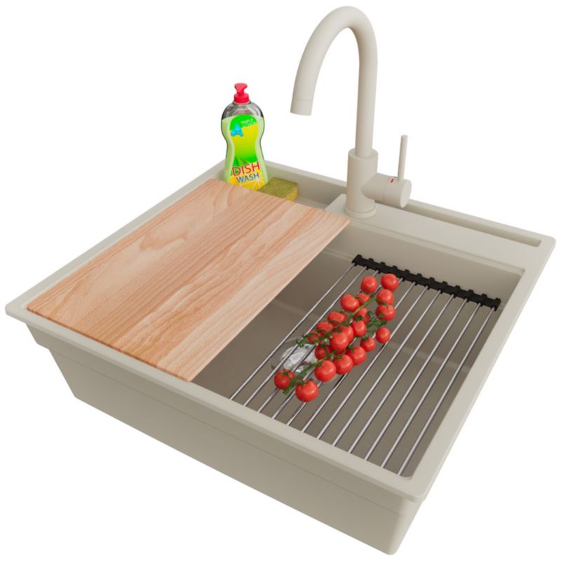 Zlewozmywak Granitowy Oslo Pocket PRIMAGRAN Nablatowy 58x53cm, Beżowy + Bateria + Syfon + Akcesorium, S224, 1 szt.