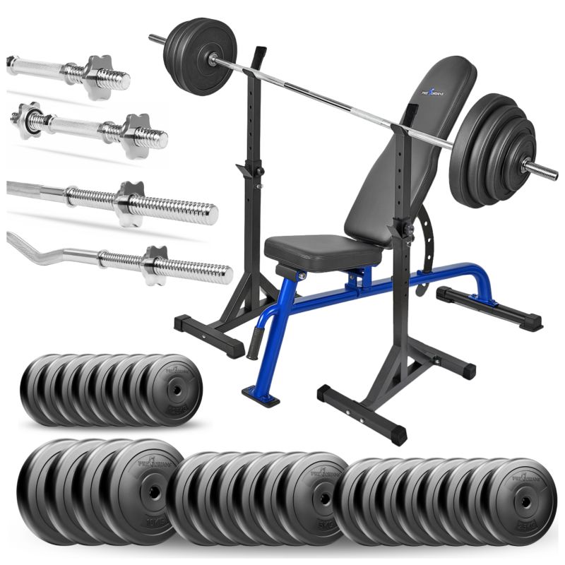 Zestaw do ćwiczeń siłowych Pretorians 153 kg z ławką treningową, gryfami, obciążeniem 100kg zestaw