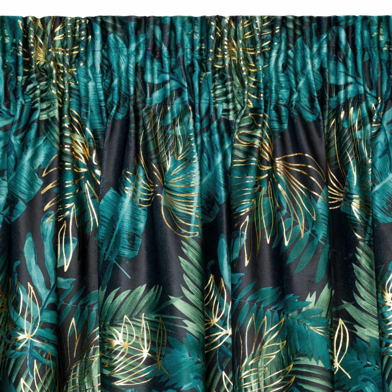 Zasłona DAVOS Eurofirany 140 x 270 cm czarno zielona welwetowa ze wzorem egzotycznych liści 1 szt.