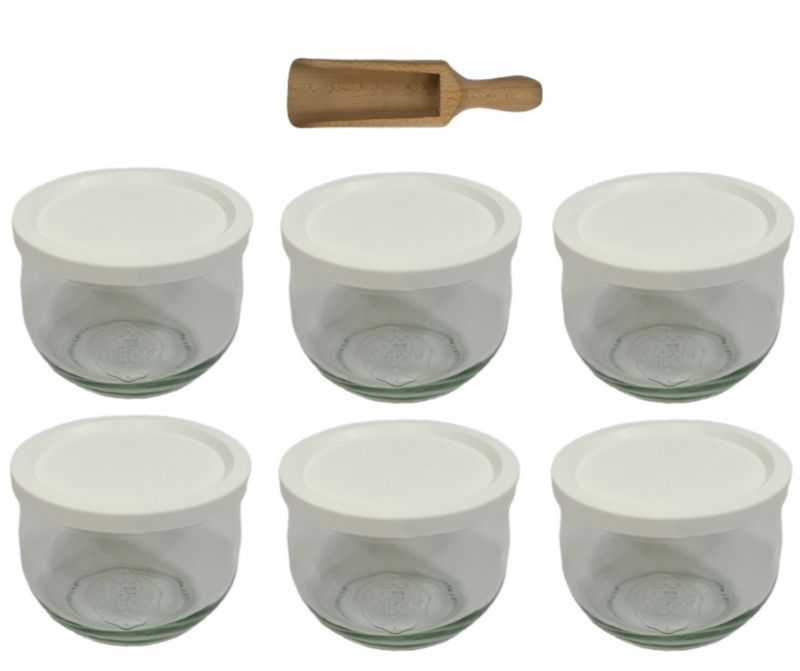 Słoiki MODO24 Weck 580 ml fi 100 tulip plastikowe wieka miarka 6 kpl.