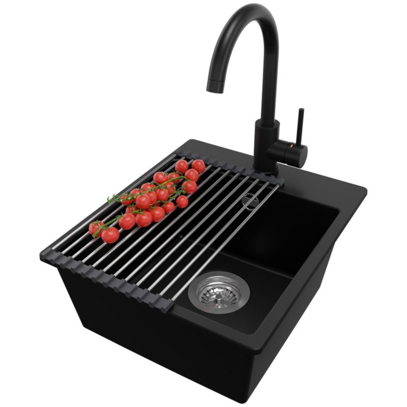 Zlewozmywak Granitowy Ryga Easy PRIMAGRAN Nablatowy 38x44cm do szafki od 40cm z Syfonem i Baterią i Dodatkiem Czarny 1 szt.