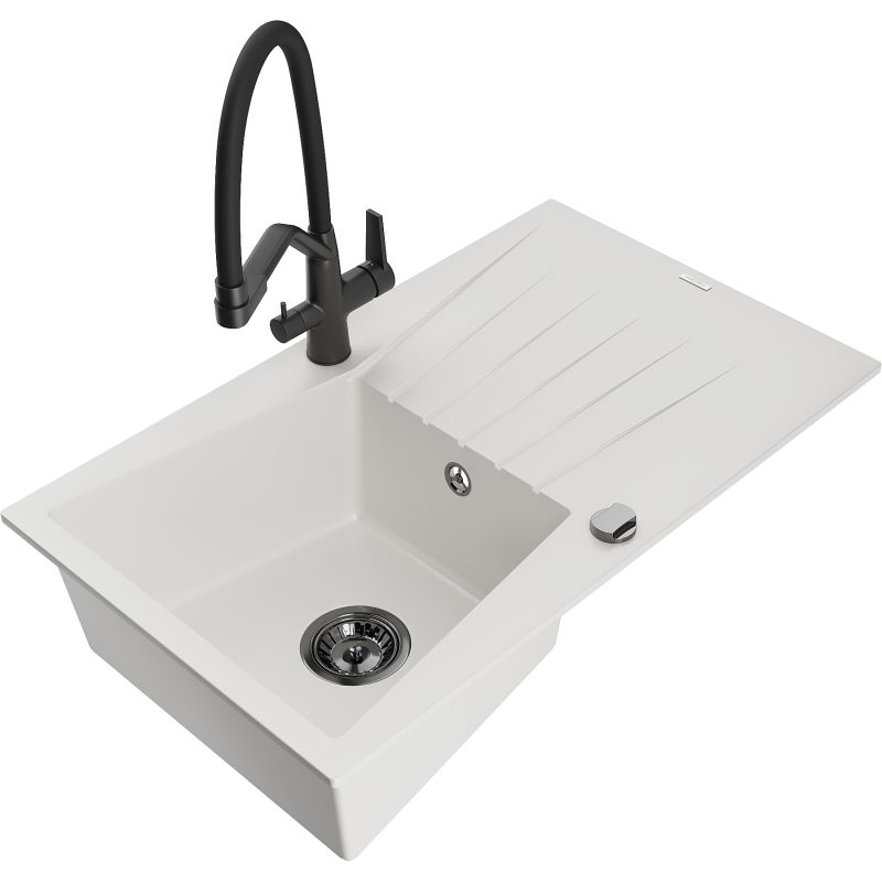 Zlewozmywak granitowy 1-komorowy Mexen Cesar z ociekaczem i baterią kuchenną Duo czarny nakrapiany - 6514-76-671701-70-B 1 szt.