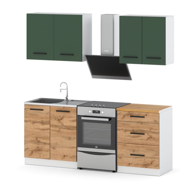 Zestaw Kuchenny Hurtownia-Mebli Z Blatem Kuchnia Mini Mokka 200cm Biały Mat Butelkowa Zieleń/Dąb Wotan 200x47x145 cm 1szt.