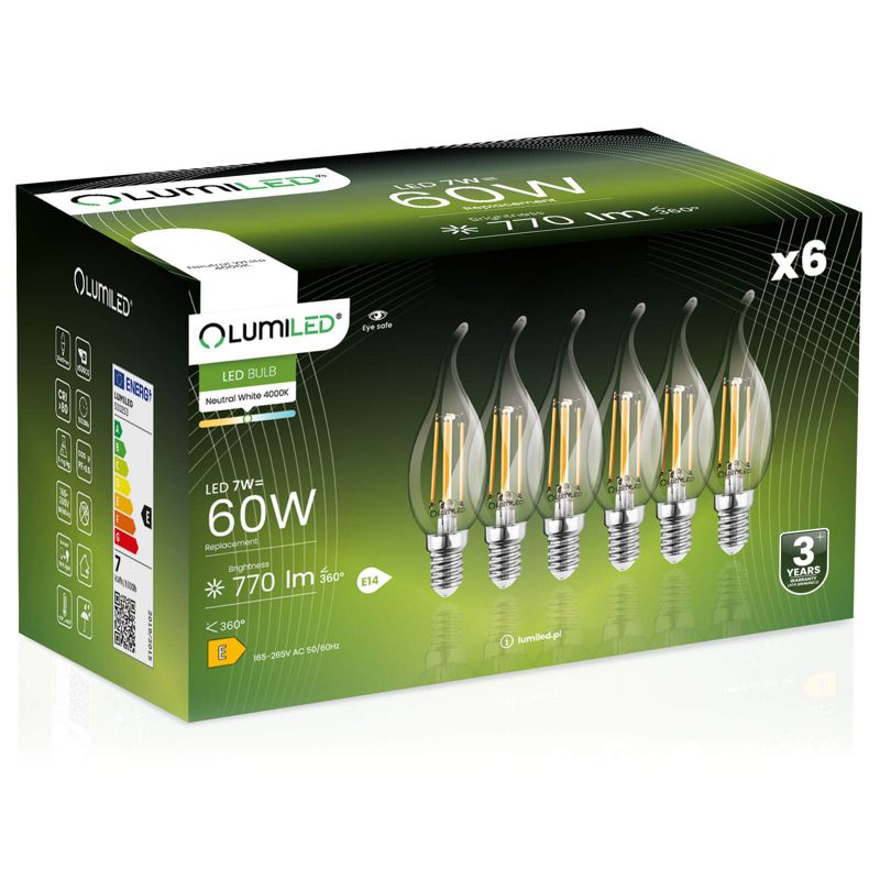 Żarówka LED LUMILED E14 BA35 7W 806lm 4000K 360st FILAMENT 6 szt.