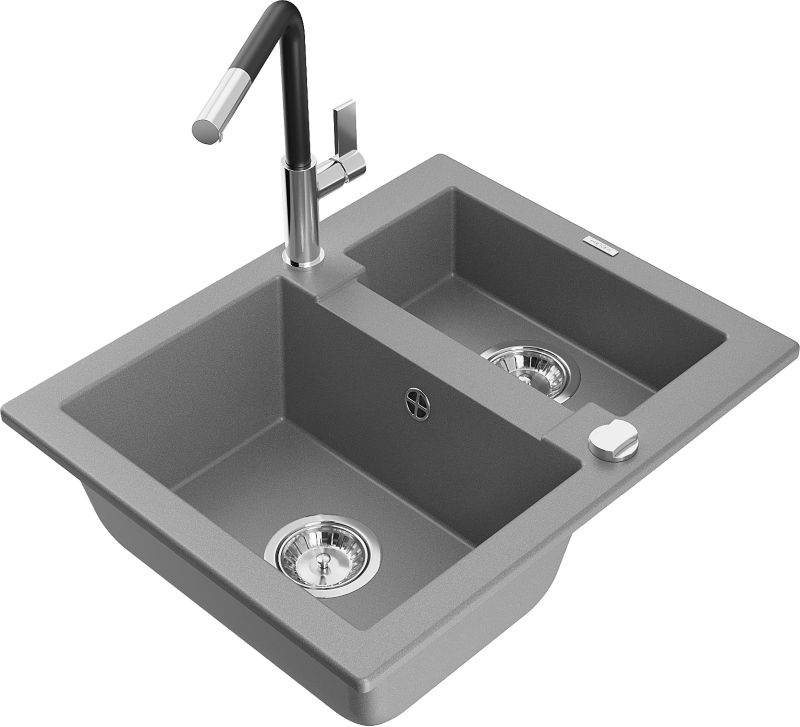 Zlewozmywak granitowy Mexen Carlos 1,5-komorowy z baterią kuchenną Flora szary 6518-71-670401-07