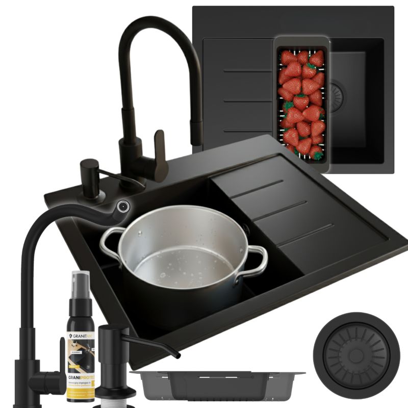 Zlewozmywak Granitowy Z Ociekaczem Czarny Granitan Amber Zestaw Zlew Bateria Syfon Dozownik 1 szt.