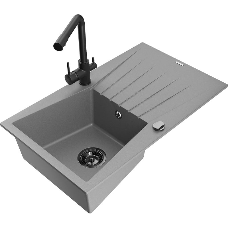 Zlewozmywak granitowy 1-komorowy Mexen Cesar z ociekaczem i baterią kuchenną Duero szary - 6514-71-671600-71 1 szt.