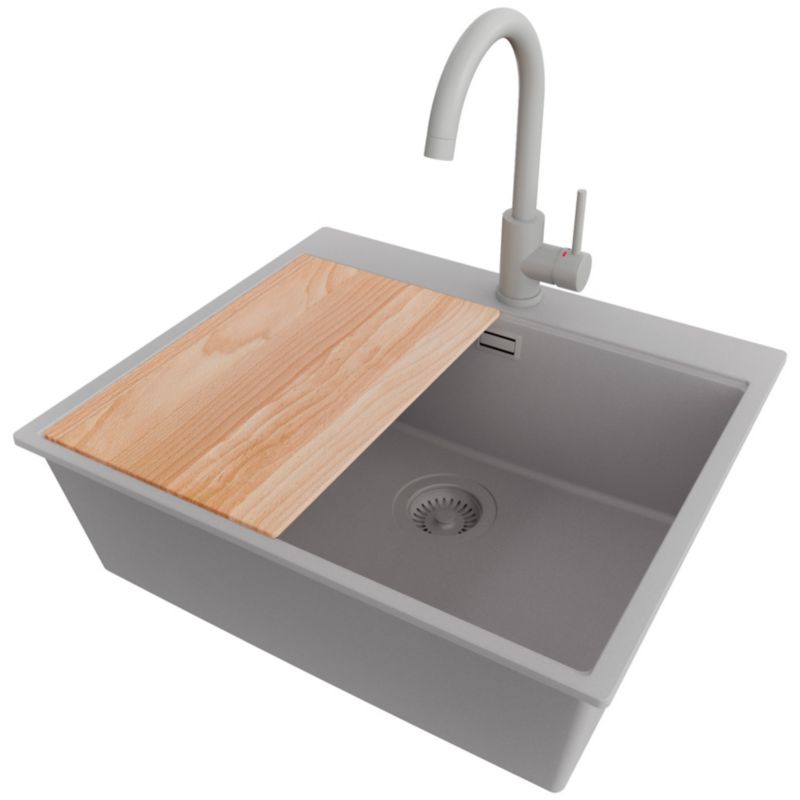 Zlewozmywak Granitowy Oslo PRIMAGRAN Nablatowy 58x50cm do szafki od 60cm, Szary + Bateria 32x20cm + Syfon + Deska, S418, 1 szt.