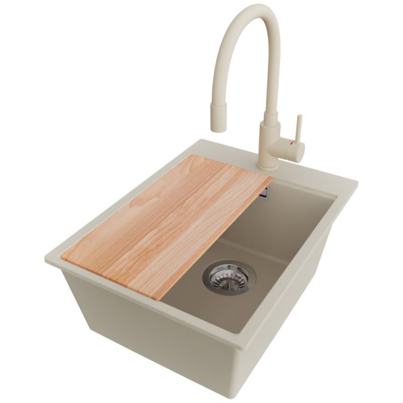 Zlewozmywak Granitowy Oslo PRIMAGRAN Nablatowy 38x50cm do szafki od 40cm, Beżowy + Bateria 38x14cm + Syfon + Deska, S105, 1 szt.