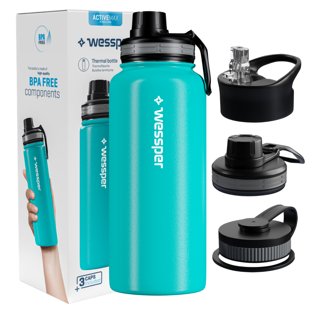 Bidon termiczny w kolorze morskim 1000 ml Wessper ActiveMax Steeline.