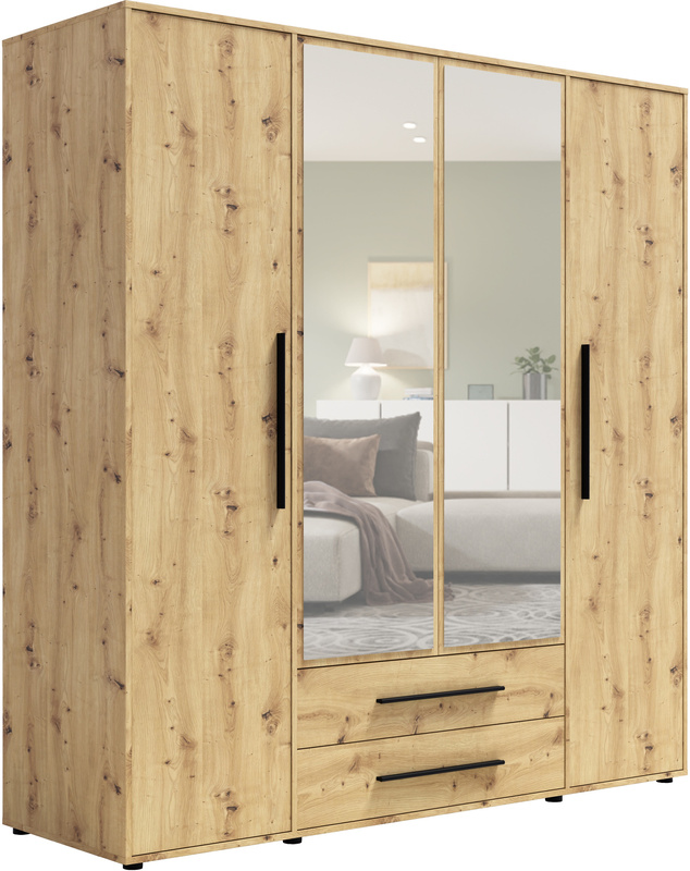 Szafa czterodrzwiowa z lustrem 200 cm do sypialni dąb artisan MAXIDO