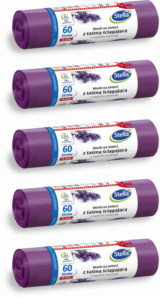 5x Worki na śmieci Stella, na odpady zmieszane, ekologiczne, 60l, 10 sztuk, lawendowe, fioletowy